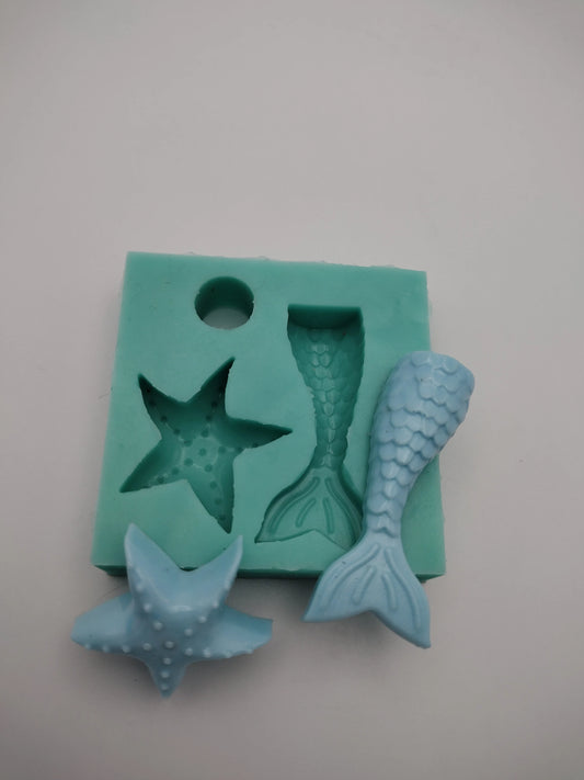 Mermaid Tail and Star Fish-Silicone Mold-Faux Fake Bake-Clay, Resin, Soap, Candle, Plaster, Fondant or Baking Mold-Two Mold Styles Available